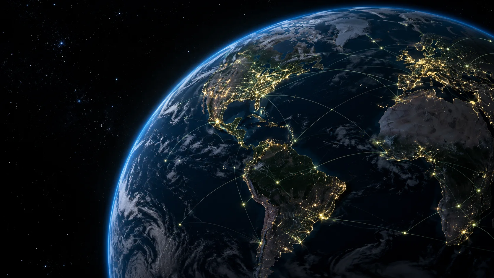 Original editorial illustration of Earth at night with connected points