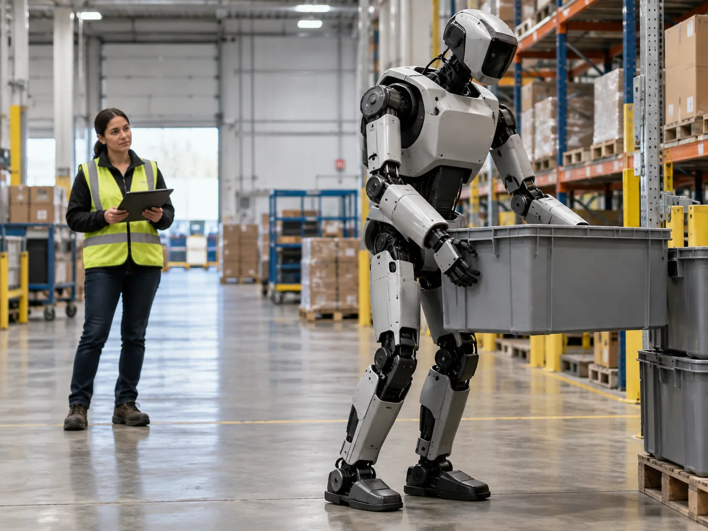 Original editorial illustration of a fictional warehouse robot used to explain AI and autonomy concepts