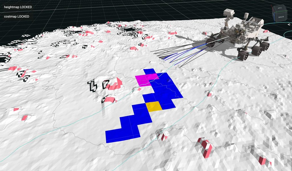 A frame from NASA's visualization of the 3D terrain map Perseverance built onboard: a white mesh of the ground, colored squares marking hazards, and lines fanning out ahead of a model of the rover.